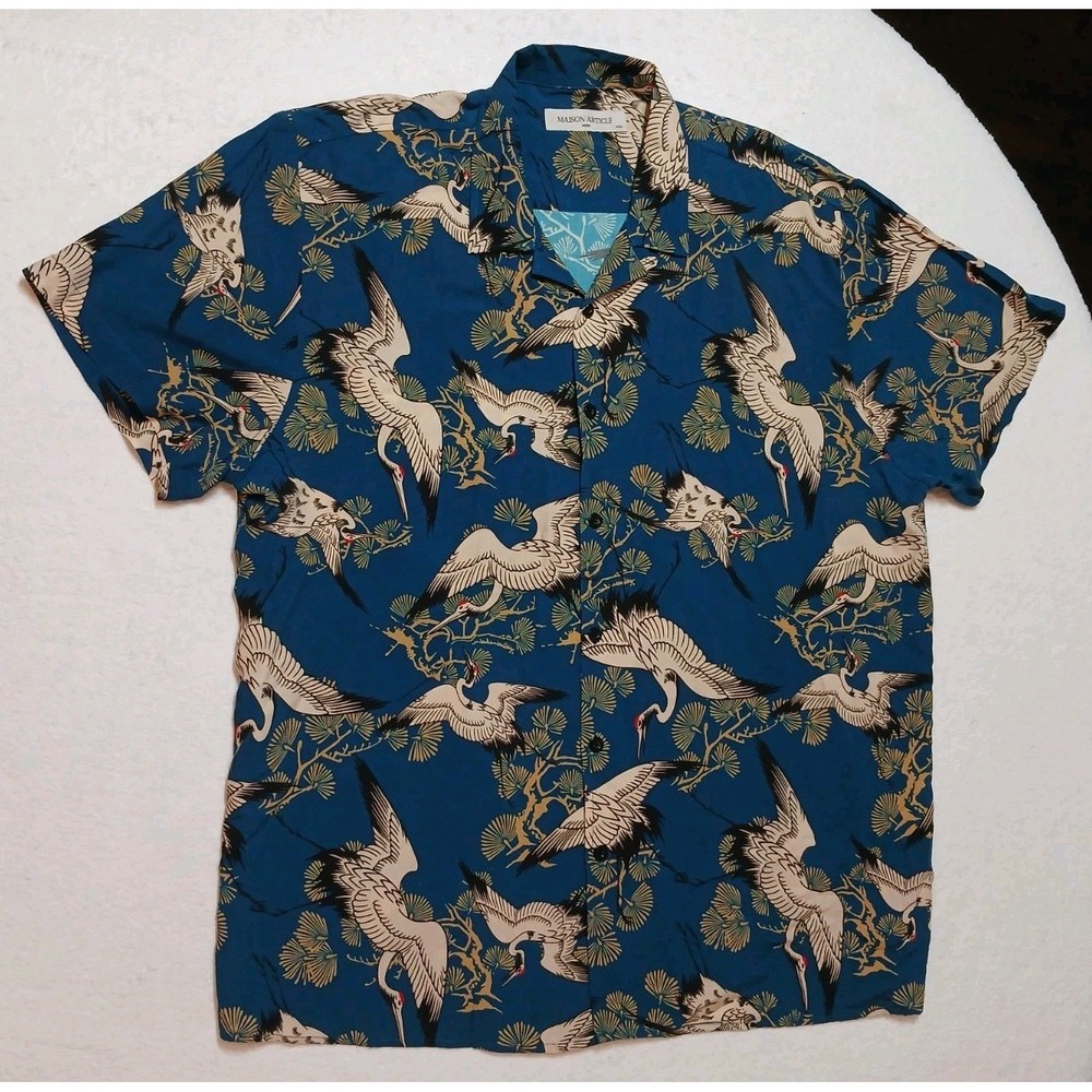 Maison Article Shirt Mens 2XL Blue Japanese Crane Print Rayon Camp Button Up SS